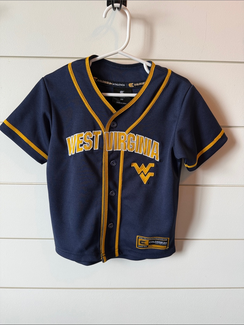 Colosseum West Virginia Navy and Gold Kids Baseball Jersey